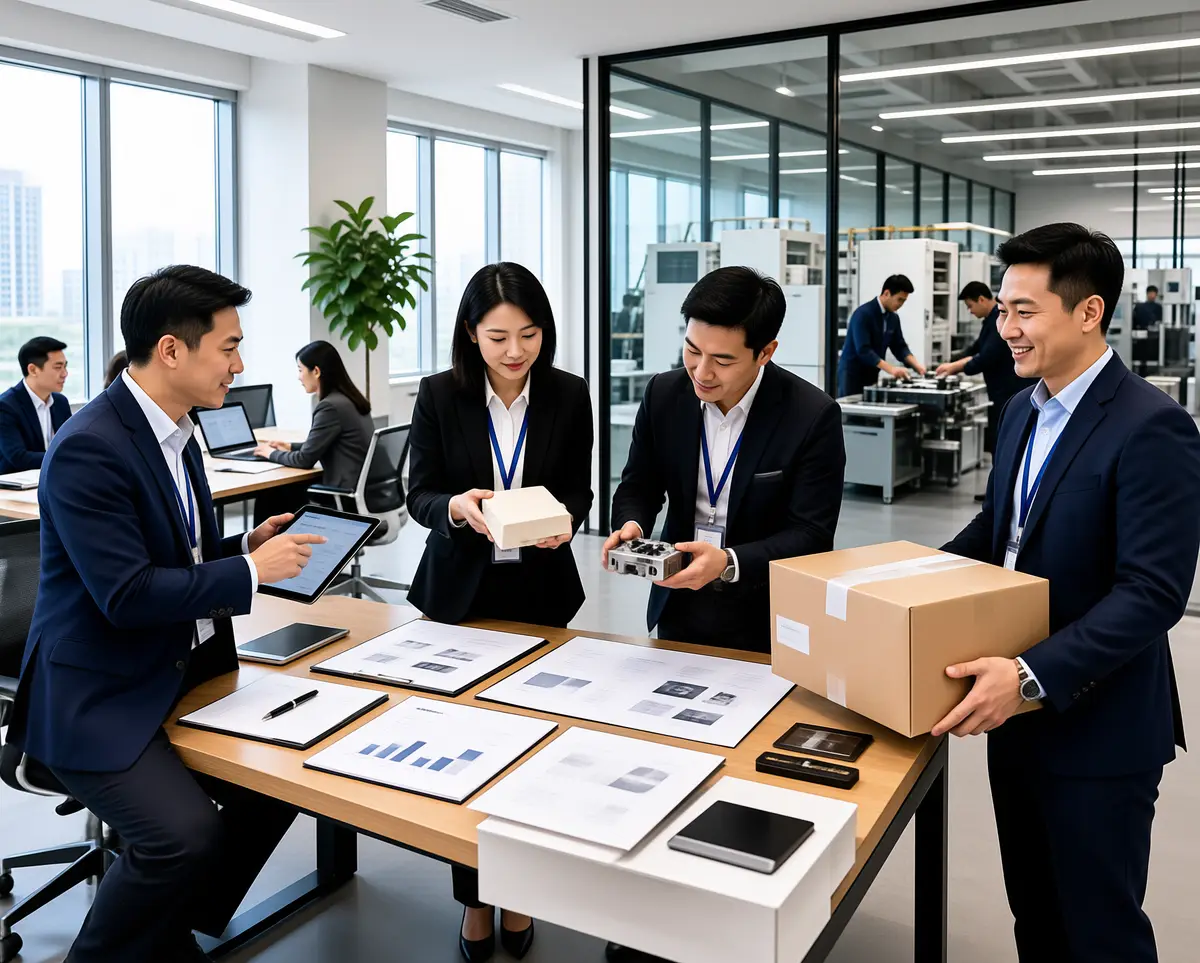定制流程意象：沟通、打样、生产、交付四段协作
