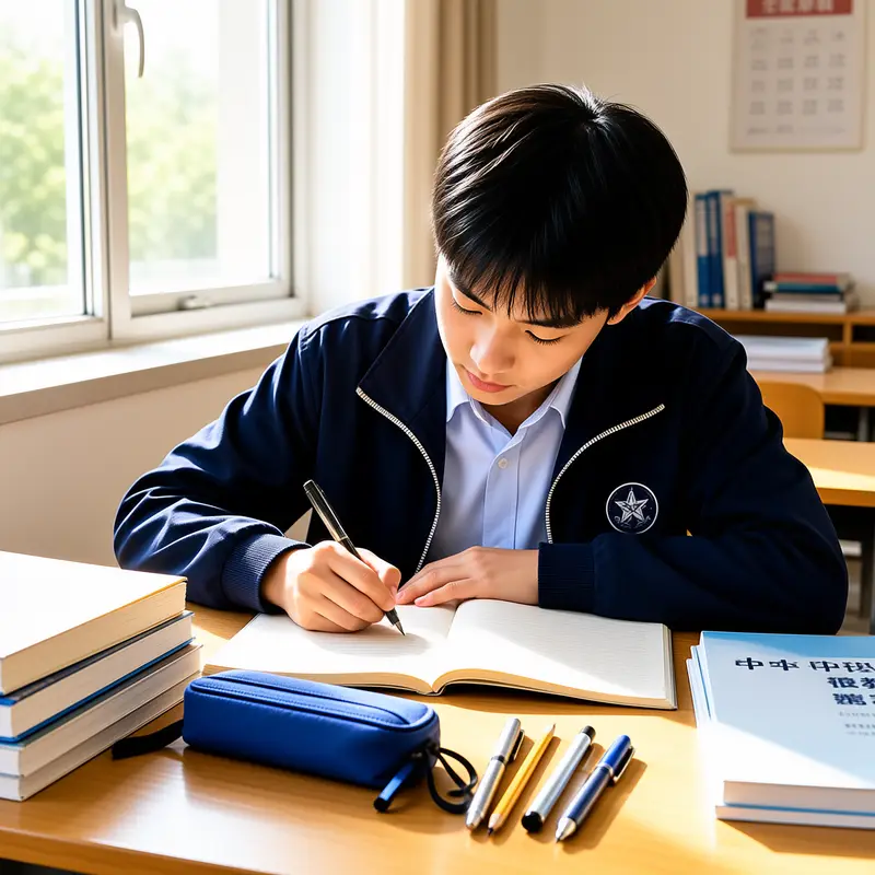 学生用品场景：中国学生伏案书写的明亮书房
