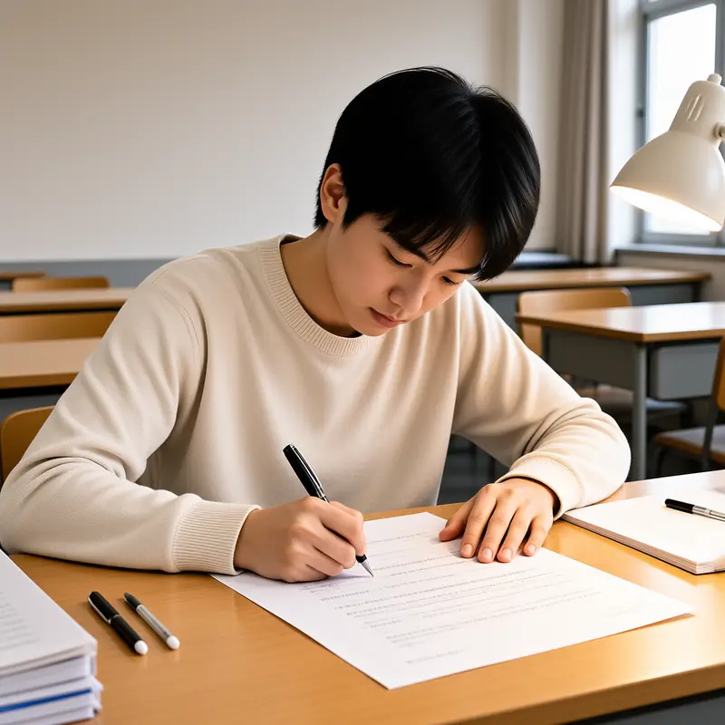 考试系列场景：中国学生专注书写的自习室